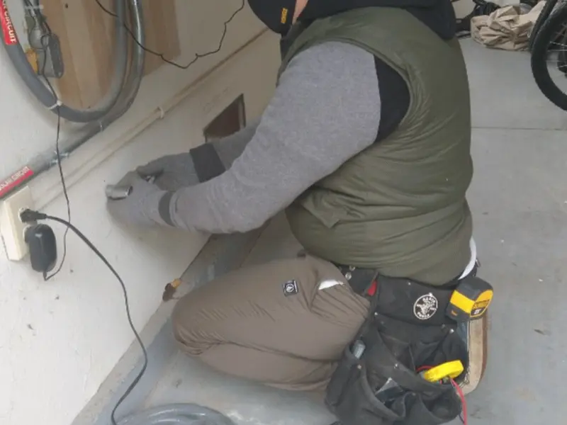 Electrician performing outlet wiring in a Meriden garage